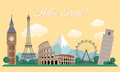 A charming illustration of famous European landmarks, including the Eiffel Tower and Big Ben, accompanied by a cheerful message that embraces the beauty and culture of Europe.