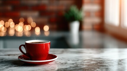 A vibrant red coffee cup perched elegantly on a marble table, creating an inviting atmosphere with warm, softly blurred lights in the background.