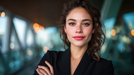 A poised young businesswoman stands confidently with arms crossed, showcasing professionalism and flair in a modern workspace filled with natural light and contemporary design.