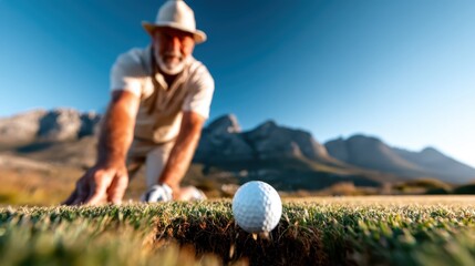 An older man, focused and determined, leans down to make a precise golf putt on a sunny day, showcasing the spirit of determination and joy in the game of golf.