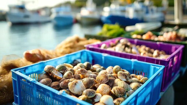 Freshly harvested scallops organized in colorful plastic crates by dock during early morning in coastal fishing village, shellfish sorting, defocused boats and water, with copy spa