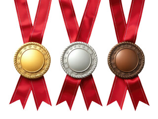 Three medals with red ribbons on a white background, ideal for award ceremonies or recognition events. transparent background