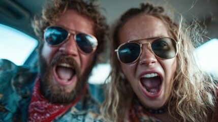 A lively couple in sunglasses making funny faces and screaming in joy inside a car, conveying a carefree spirit and the thrill of adventure and spontaneity.