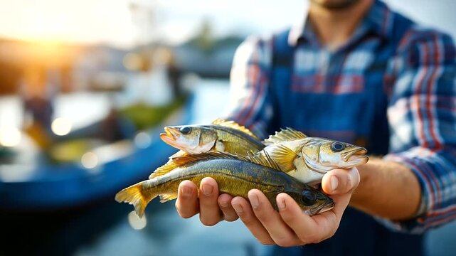 Faceless fisherman holding daily catch in hands, fresh fish display, commercial fishing profession, maritime labor close-up, defocused boat background, with copy space