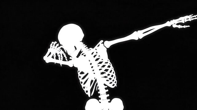 Spooky skeleton dabbing against a black background for Halloween party invitations and spooky seasonal promotions that need a humorous touch