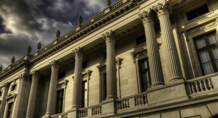Naklejka premium Majestic Classical Building with Grand Columns under Dramatic Sky