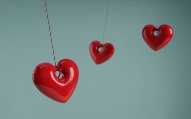 Three red hearts hanging from strings against blue background