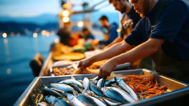 On fishing trawler deck at dusk, faceless crew members diligently sorting various fish species, separating valuable catches from bycatch, bustling maritime environment, defocused t