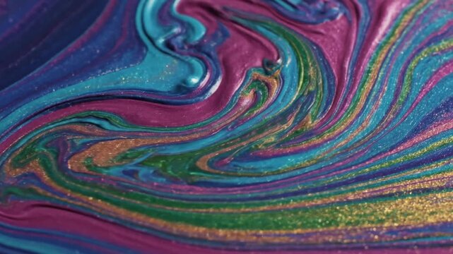 Colorful fluid art abstract background with shimmering metallic paints creates a mesmerizing effect