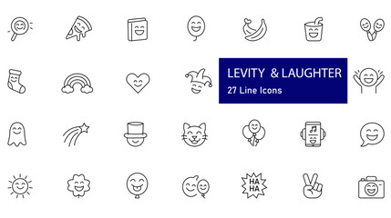 Levity and Laughter Line Icons Set – Unique Minimalist Black Stroke Vector Symbols of Playful Humor, Whimsical Everyday Objects, Funny Exaggerations, Joyful Activities, and Cheerful Cartoon Design.