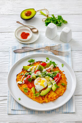 potato rosti topped with poached egg, avocado