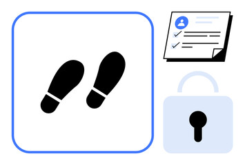Footprints, locked padlock, and user profile card represent data protection, privacy, authentication, secure access, compliance, identity verification and safe online navigation. Perfect flat