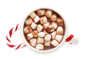Tasty hot cocoa with marshmallows and candy cane isolated on white, top view