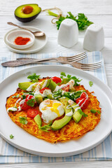 potato rosti topped with poached egg, avocado
