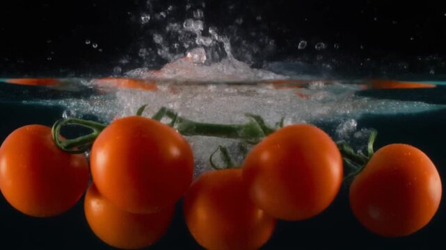 Fresh Red Tomatoes on a Vine Splashing into Water with Dynamic Bubbles and Ripples in Slow Motion
