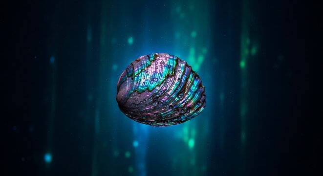 Iridescent paua shell with shimmering hues against dreamy abstract backdrop