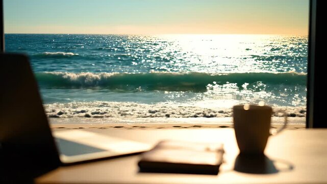 Working by the beach - Laptop, coffee, and notebook by the sea.