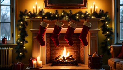 Cozy Christmas fireplace with stockings, candles, and festive decorations in a warm living room