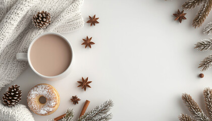 Cozy winter scene with cup of hot chocolate, donut, pinecones, and star anise on white background