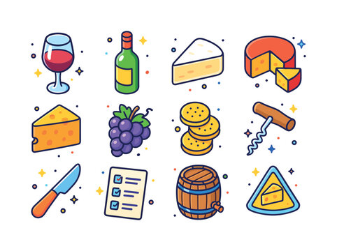 Wine & Cheese Icons. Wine & Cheese. Colorful isometric vector ic
