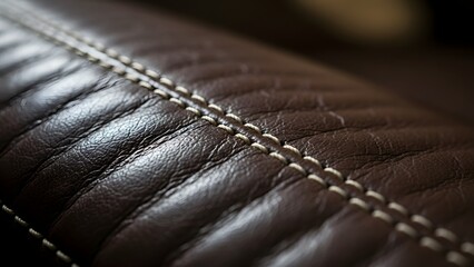 Closeup of dark brown leather texture with white stitching on a blurred background