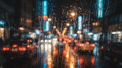 Blurry city street at night with raindrops on windowpane reflecting colorful lights and traffic
