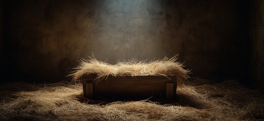 Wooden manger with straw under soft spot light. Empty wooden manger with straw receiving warm light, symbolizing birth and new beginnings