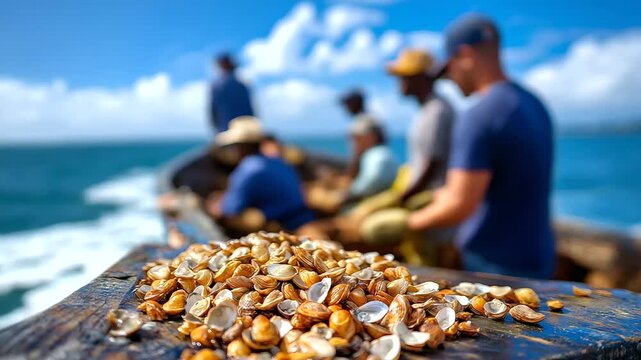 Oysters being harvested from boat with faceless group of workers sorting through shellfish, distant ocean horizon in defocused background, aquaculture operations, with copy space