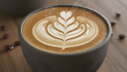 A steaming cup of latte coffee with a leaf design on top sitting on a wooden table with scattered coffee beans