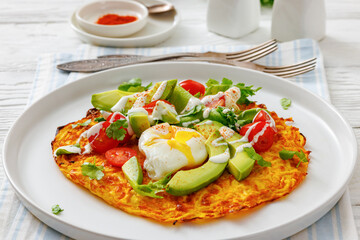 potato rosti topped with poached egg, avocado