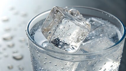 Closeup of a glass of water with ice cubes and droplets on the outside on a gray surface