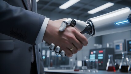 Businessman in a suit shaking hands with a robotic arm in a laboratory setting with various equipment and beakers