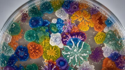 Colorful petri dish with various vibrant round colonies growing in agar gel isolated on white background