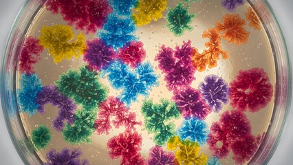 Colorful colonies of bacteria growing on agar plate in laboratory setting for microbiology research and testing