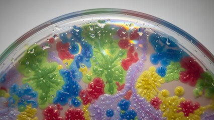 Closeup of a colorful glass plate with multicolored spots and bubbles on a plain background