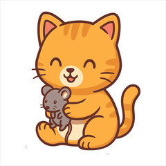 Cheerful Orange Cat Lovingly Hugging a Small Gray Mouse Friend Smiling.