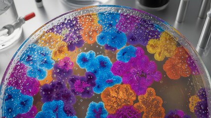 Closeup of colorful bacterial colonies growing on agar plate in laboratory setting with various microorganisms