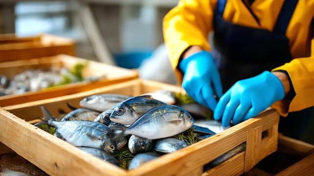 Fresh small fish arranged in wooden crate with faceless worker in yellow jacket and blue gloves sorting catch, raw seafood processing at fish market, horizontal banner composition,