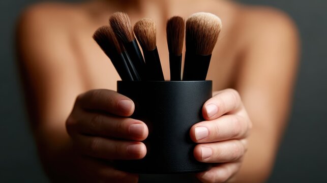 A collection of makeup brushes elegantly held in a sleek black container, showcasing tools of artistry in beauty and self-expression, perfect for makeup enthusiasts. - Powered by Adobe