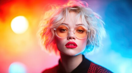 An artistic portrait of a fashionable woman with short, curly blonde hair, wearing stylish orange sunglasses against a colorful background, embodying modern trends and vibrancy.