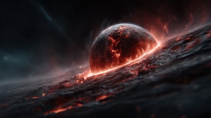 A dynamic image of a planet engulfed in eruptions and flames, symbolizing destruction and creation, showcasing the raw power and beauty of celestial phenomena in space.