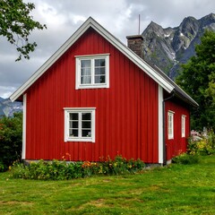 Red cabin in a verdant landscape