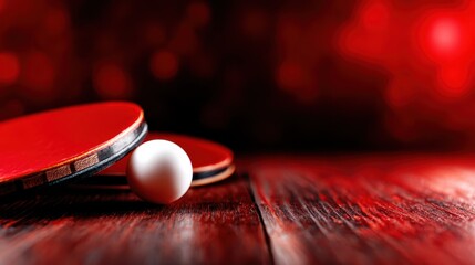 A dynamic arrangement of ping pong paddles and a white ball on a warm wooden surface, evoking a sense of playfulness and sport in a cozy, intimate setting.