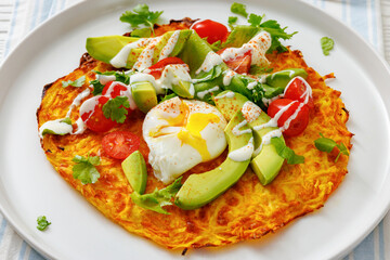 potato rosti topped with poached egg, avocado