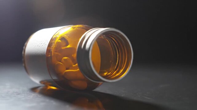 Amber pill bottles with blank label on dark surface, showcasing pharmaceutical product variations