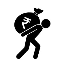 Stickman carrying a heavy rupee money bag, symbolizing financial burden, income pressure, savings responsibility, wealth management, and economic struggle.
