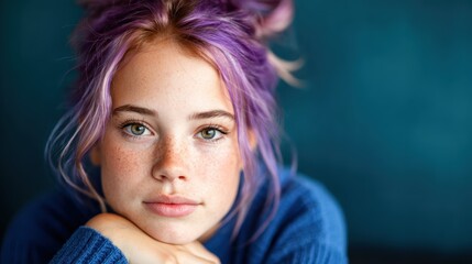 A delightful young girl with purple hair and freckles, radiating charm and playfulness, her expression invites warmth and joy, encapsulating youthful energy and innocence.