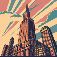 A Manhattan New York City skyline silhouette features striking urban architecture of glass skyscraper buildings and towers against the sky