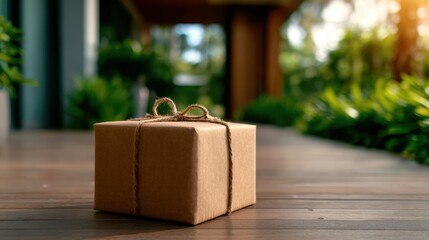 A beautifully wrapped gift box sits on a wooden deck, surrounded by lush greenery, symbolizing celebration and generosity in a warm, inviting outdoor atmosphere full of possibilities.
