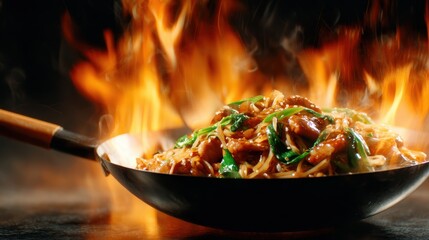 Vibrant stir-fried chicken with vegetables dances in a flaming wok, highlighting the energy and excitement of cooking, showcasing a mouth-watering culinary experience.